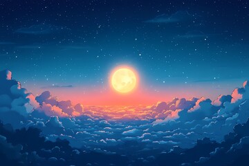 Fototapeta premium Stunning Anime Moonlight Nightscape: Digital Illustration of a Mystical Celestial Sky with Vibrant Colors