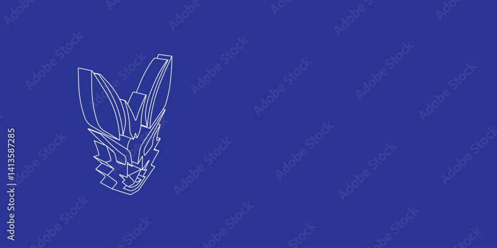 Poster the outline of a large hare's head symbol made of white lines on the left. 3d view of the object in 