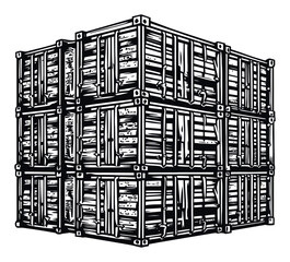 Detailed Engraving of Stacked Wooden Crates in Distinct Style