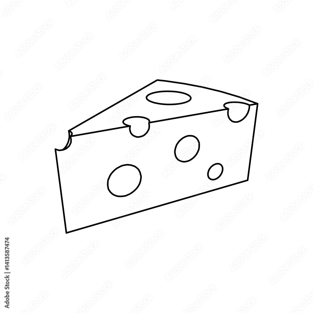 Poster the outline of a large cheese symbol is made with black lines. 3d view of the object in perspective.