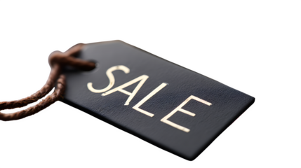 Close-up of black sale tag with brown string and white letters, on transparent or white background --ar 16:9 --v 7.0