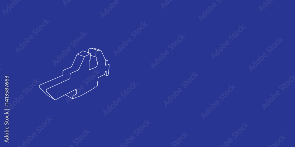 Poster the outline of a large vise symbol made of white lines on the left. 3d view of the object in perspec