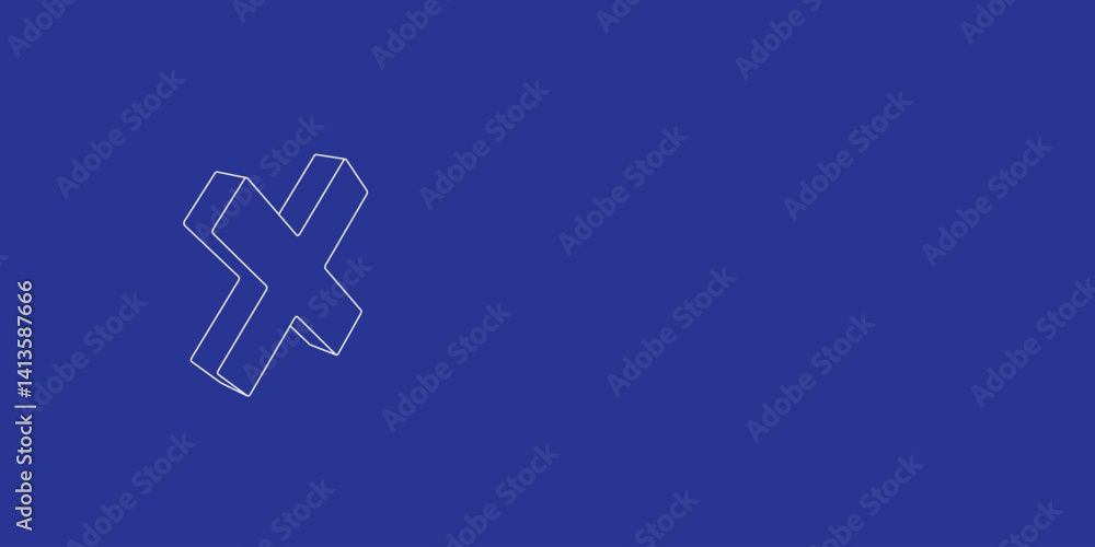 Poster the outline of a large multiplication symbol made of white lines on the left. 3d view of the object 