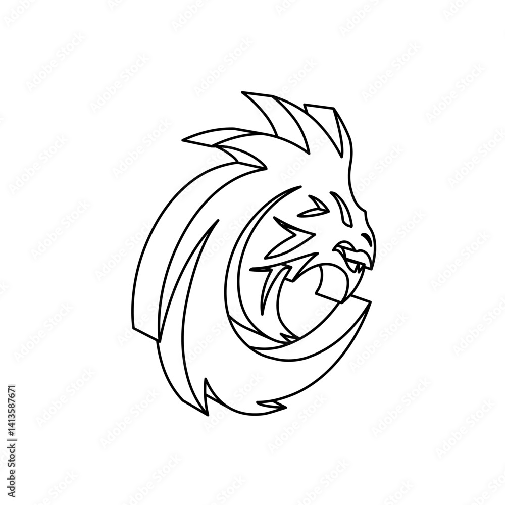 Poster the outline of a large dragon's head symbol is made with black lines. 3d view of the object in persp