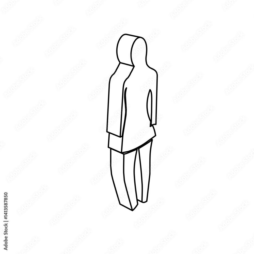 Poster the outline of a large burkini symbol is made with black lines. 3d view of the object in perspective