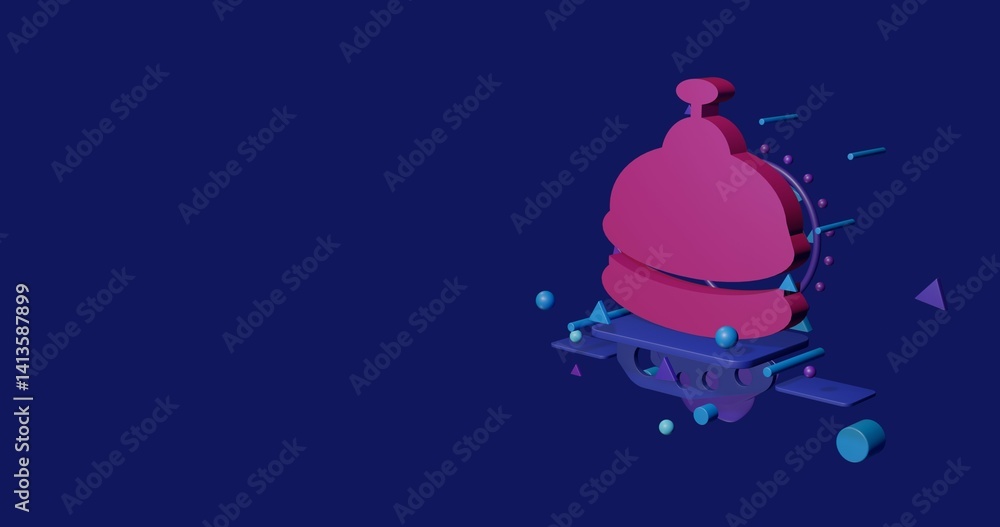 Poster pink reception bell symbol on a pedestal of abstract geometric shapes floating in the air. abstract 