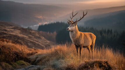 Majestic stag with antlers standing on a grassy hill at sunset, surrounded by scenic mountains and forest in warm golden light. Tranquil wildlife and nature scene