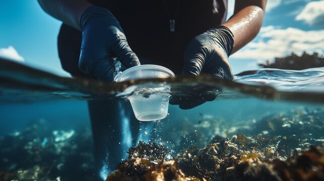Marine biologist collecting water samples for oceanographic research. Featuring environmental science and sustainability