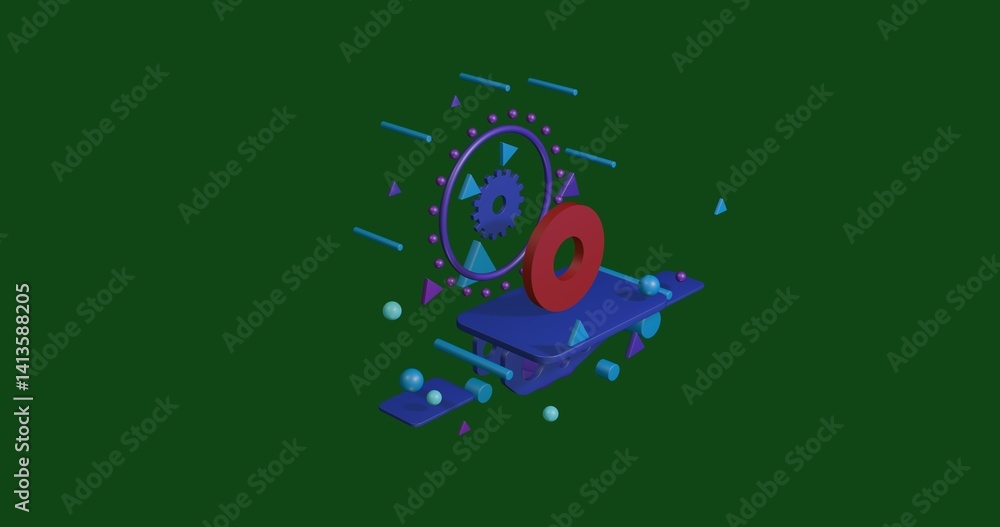 Poster red record media symbol on a pedestal of abstract geometric shapes floating in the air. abstract con