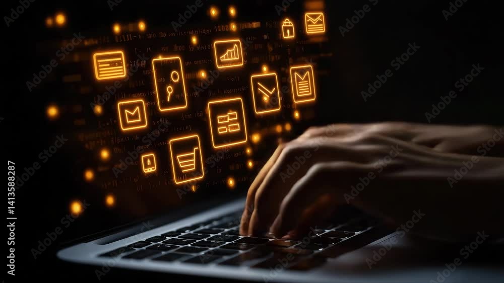 Aufkleber hands typing on laptop with digital icons and data graphics