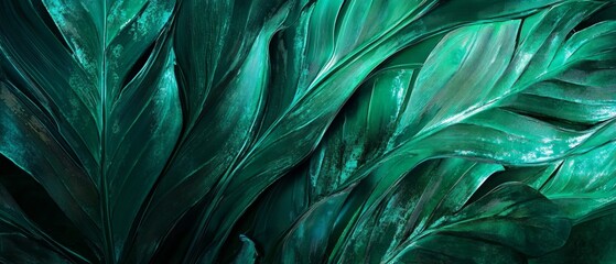 Exploring intricate tropical leaf abstracts nature paradise digital art emerald green tones close-up view aesthetic design