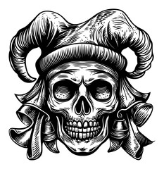 Naklejka premium Intricate Woodcut Design Featuring a Skull with Curved Horns