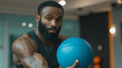 Intense Training Session of Man with Medicine Ball in Gym Setting