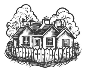 Fototapeta premium Black and White Engraving of a Cozy House Surrounded by Nature