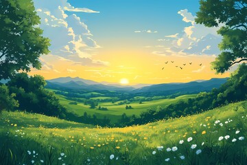 Serene Sunset Over Vibrant Meadows and Mountains with Wildflowers and Birds - Scenic Natural Landscape Photography
