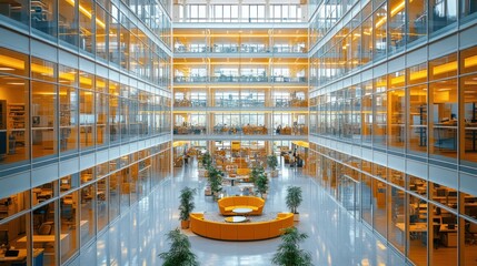 Modern glass atrium office building interior with yellow seating.