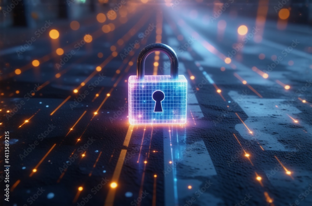 Poster a glowing digital padlock sits on a neon-lit city street, symbolizing digital security in a futurist