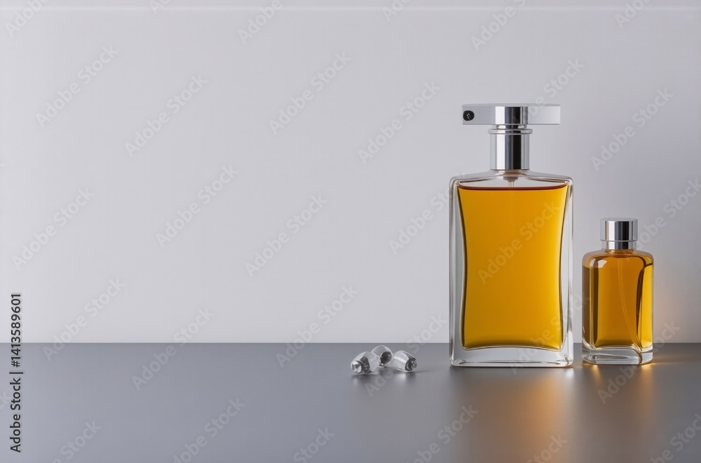 Poster A large and small amber perfume bottle sit on a gray surface against a white backdrop.  Crystals are near the bottles.  The image is minimalist and clean.