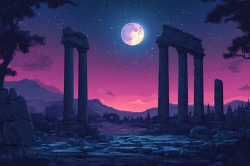 Fototapeta premium Ancient Ruins and Columns Under Night Sky: Mystical Landscapes and Archaeological Heritage