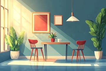 Modern Urban Living Space with Minimalist Decor and Vibrant Greenery: Stylish Furniture and Creative Home Accessories