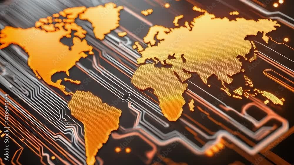 Poster abstract world map illustration with circuit pattern background