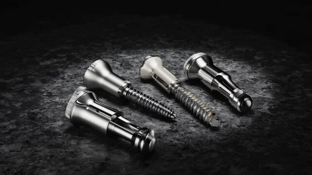 Surgical bone screws implants for orthopedic fixation in silver metal, medical devices on dark background