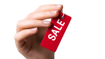Female hand holding a red SALE tag isolated on white background --ar 16:9 --v 7.0