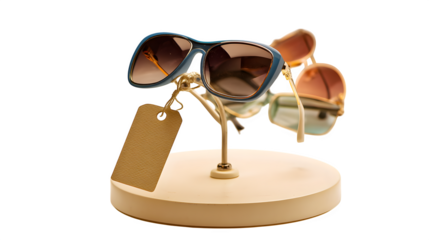 Fashion sunglasses on a display pedestal with price tag isolated on white background --ar 16:9 --v 7.0