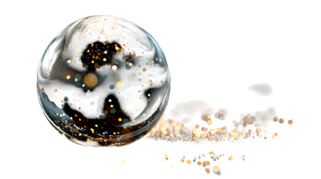 Floating crystal ball with sparkles inside on a deep black background --ar 16:9 --v 7.0