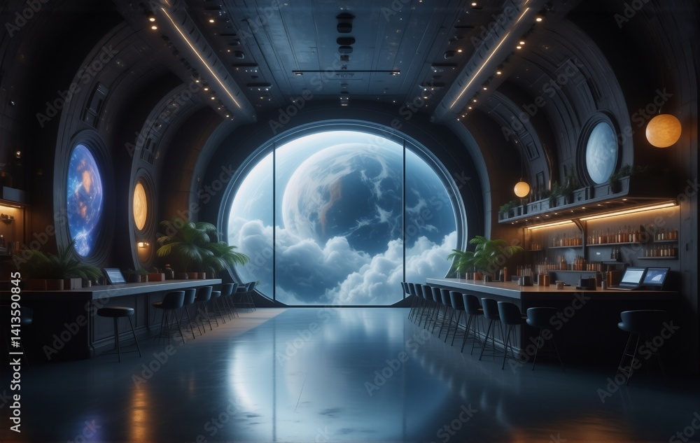 Poster futuristic bar with a panoramic window showcasing a vibrant planet and cloudscape. sleek design, amb