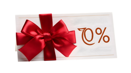 Gift voucher card with ribbon and percentage sign isolated on white background --ar 16:9 --v 7.0
