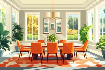 Elegant Minimalist Dining Room with Modern Decor, Large Windows, and Bright Natural Light