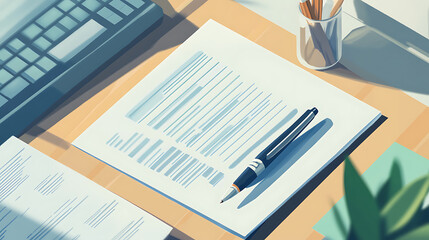 A pen sits on top of a piece of paper with a keyboard in the background