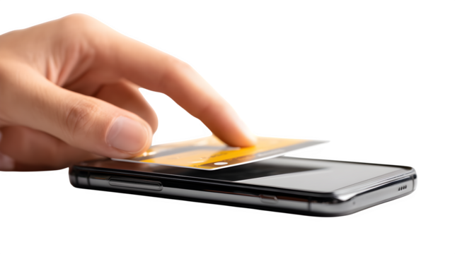 Hand entering credit card number on mobile phone isolated on white background --ar 16:9 --v 7.0