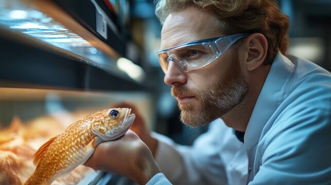 Scientist Examining a Fish in Laboratory Setting for Research and Study