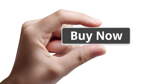 Hand pressing "Buy Now" button on touchscreen isolated on transparent background --ar 16:9 --v 7.0