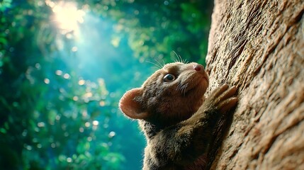 Adorable primate in lush forest sunlight