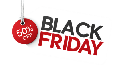 Hanging Black Friday tag with 50% off, isolated on transparent or white background for sale ads --ar 16:9 --v 7.0