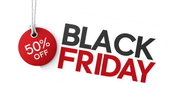 Hanging Black Friday tag with 50% off, isolated on transparent or white background for sale ads --ar 16:9 --v 7.0 - Powered by Adobe