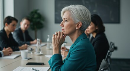 Woman in teal blazer deep in thought at a business meeting with a chalkboard in the background