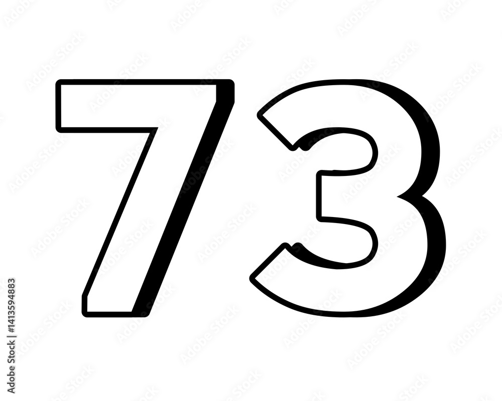 Poster number 73 on transparent background,white color with a bold, 3d appearance and shadow effects for ad