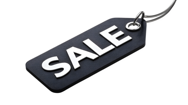 High-resolution black sale tag with white letters and metal loop, on transparent or white background --ar 16:9 --v 7.0