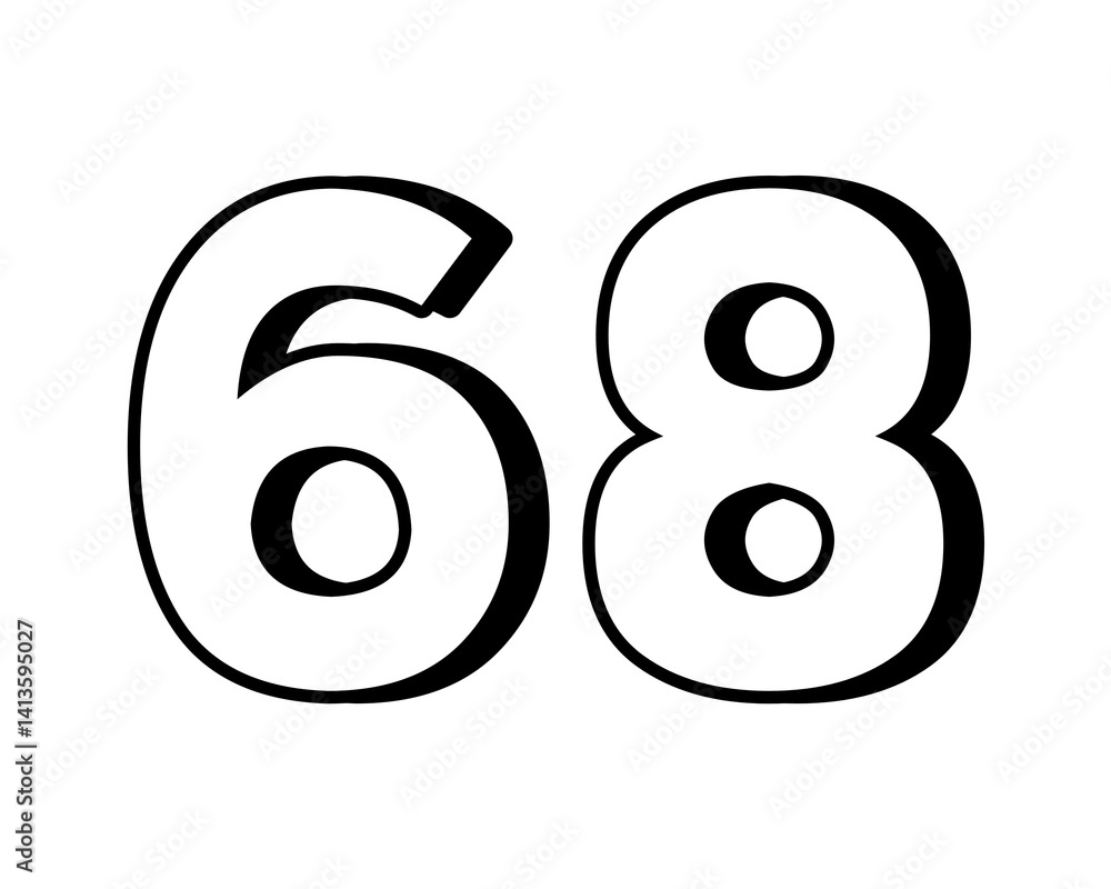 Aufkleber number 68 on transparent background,white color with a bold, 3d appearance and shadow effects for ad