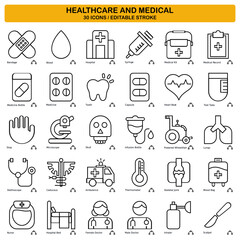 Healthcare and Medical editable stroke outline Icons set. Hospital, syringe, medicine, Doctor, nurse, stethoscope and medical report. Vector illustration
