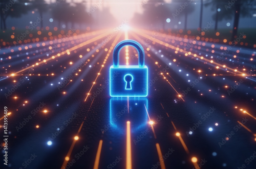 Aufkleber a glowing blue padlock sits at the center of a digital highway, lined with streaks of light, leading