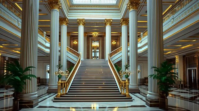 Elegant Lobby Grand Staircase with Marble Floor and Golden Accents for Luxurious Ambience