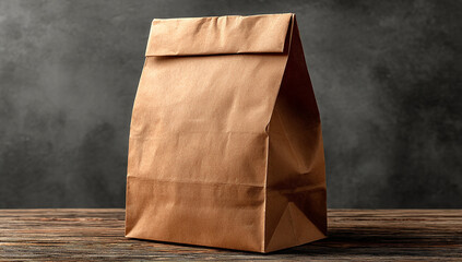 A simple brown paper bag sits on a rustic wooden table against a dark background. Perfect for your takeaway food packaging mockups.