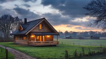 Obraz premium Cozy Cabin at Sunset in Rural Landscape, A cozy wooden cabin with warm lights at sunset in a rural landscape