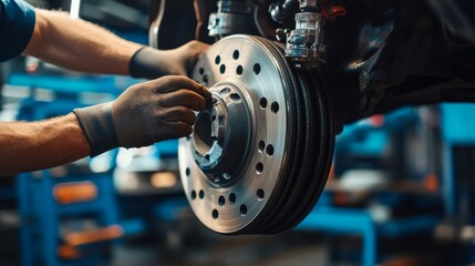 Mechanic checking car brakes in an auto repair shop. Featuring automotive expertise and precision