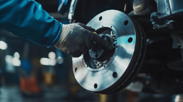 Mechanic checking car brakes in an auto repair shop. Featuring automotive expertise and precision
